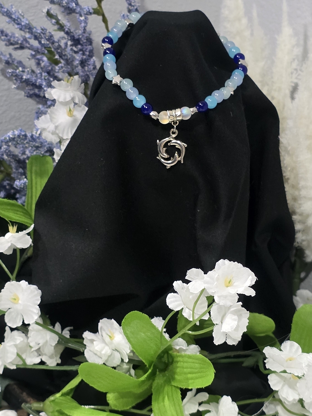Hand Crafted Blue Beaded Dolphin Charm Bracelet